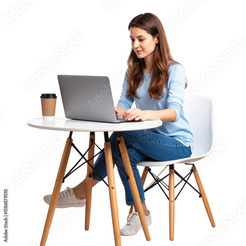 Woman with Laptop in Coffee Shop Environment, transparent