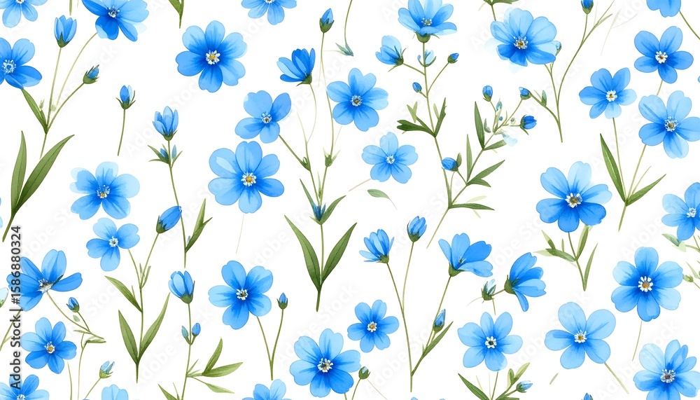 Fototapeta premium Delicate blue watercolor flower seamless pattern. Elegant botanical illustration of spring wildflowers, possibly flax or forget-me-nots, with green stems and leaves on a clean white background.