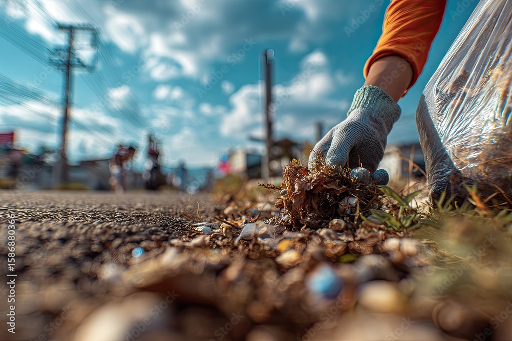 Obraz premium Coastal cleanup volunteer removes debris near road