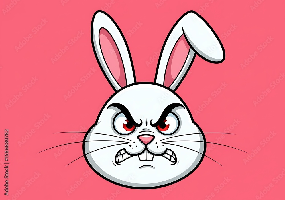 Fototapeta premium Angry white cartoon bunny on pink background