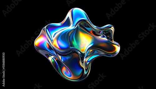 Abstract 3D render of a vibrant holographic liquid metal shape. A fluid, iridescent blob with glossy chrome reflections and bold colors isolated on a black background.