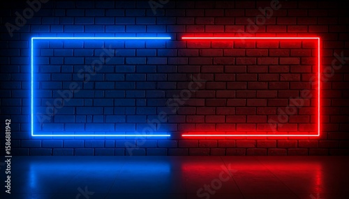 Red and blue neon light frames on a dark brick wall background. Futuristic empty room with glowing rectangles, floor reflections, and copy space for text or design.