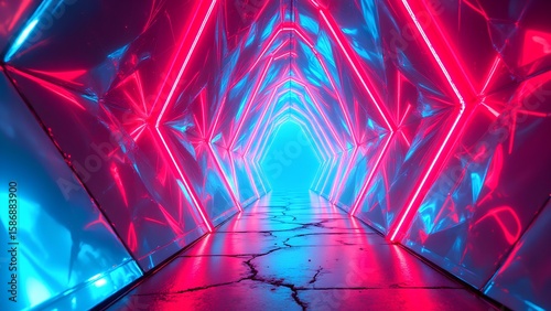A futuristic tunnel illuminated with vibrant neon pink and blue lights, featuring reflective geometric panels and a cracked floor leading to a bright opening.