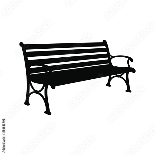 Black silhouette of a park bench with armrests slatted seat and ornate legs  perfect for park garden or outdoor setting illustrations