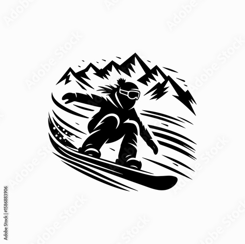 Snowboarder Riding Down Mountain – Winter Sports Vector Logo in Black and White