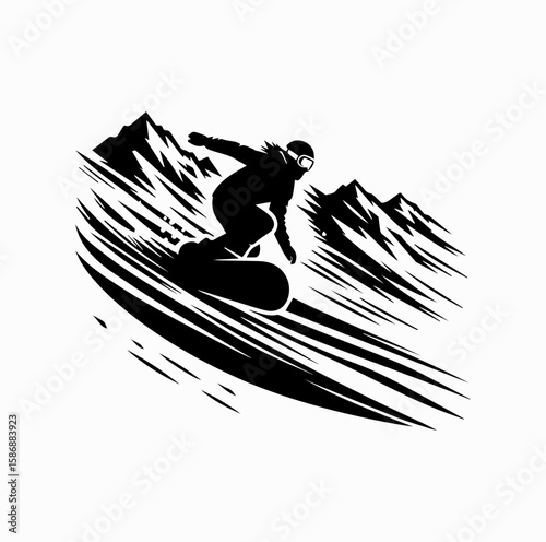 Snowboarder Riding Down Mountain – Winter Sports Vector Logo in Black and White