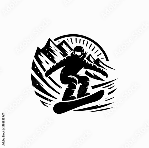 Snowboarder Riding Down Mountain – Winter Sports Vector Logo in Black and White