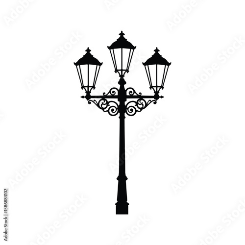 Elegant ThreeLight Ornate Street Lamppost Silhouette Victorian Style Black and White Vector Graphic