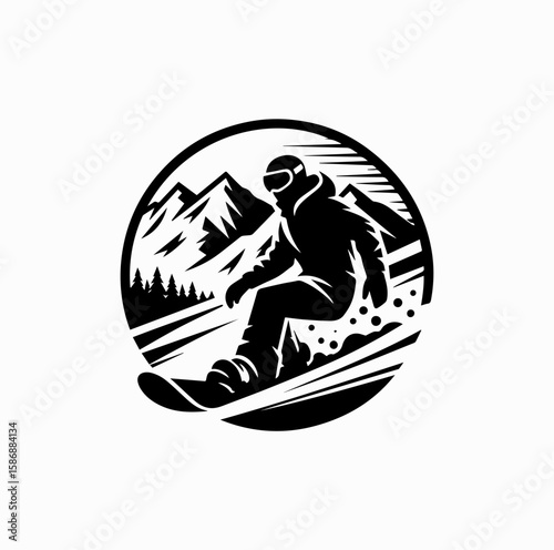 Snowboarder Riding Down Mountain – Winter Sports Vector Logo in Black and White