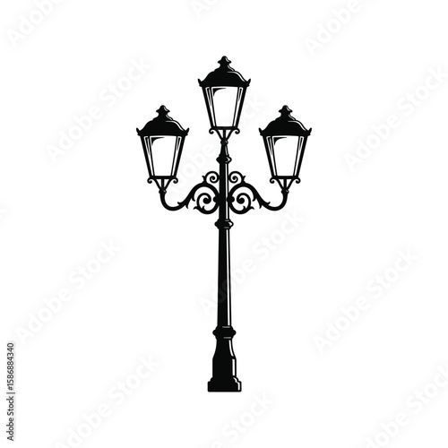 Elegant TripleLamp Streetlight Ornate Victorian Design Black Silhouette Vintage Lighting Cityscape Decor Architectural Element