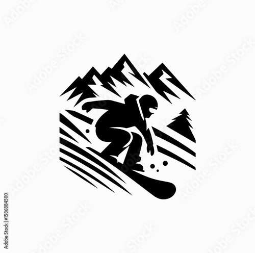 Snowboarder Riding Down Mountain – Winter Sports Vector Logo in Black and White