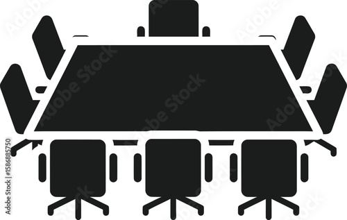 A black and white vector illustration of a conference room setup with a rectangular table and eight chairs.
