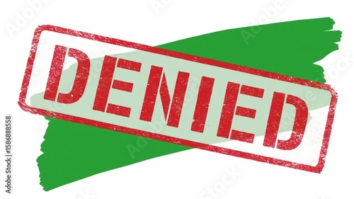 Illustration of a red and white denied stamp diagonally over a green brush stroke on a white background