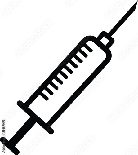 Black and white vector illustration of a hypodermic syringe with a needle.