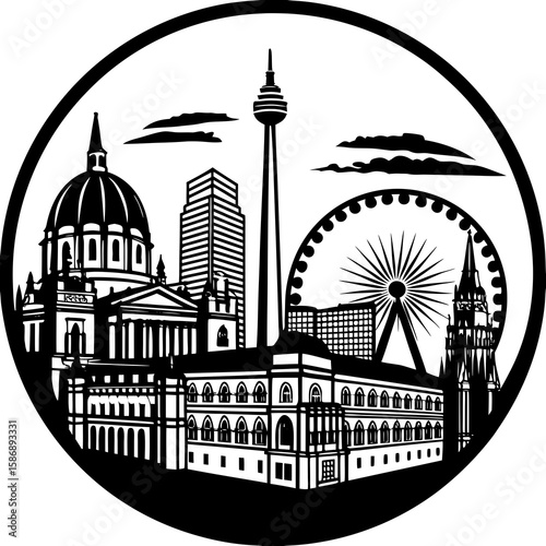 Black and white city skyline vector illustration of famous landmarks and tourist attractions silhouette art