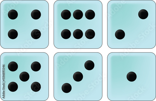 Six BLUE dice showing different numbers from one to six, forming a perfect square