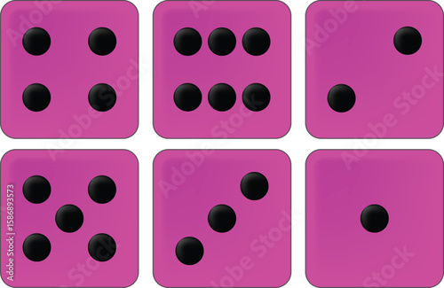 Six pink dice showing different numbers from one to six, forming a perfect square