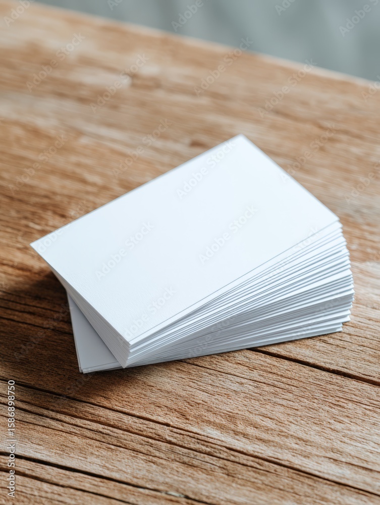 Stack of blank white paper business cards on wooden table surface. Stack of blank white paper business cards on wooden table surface.
