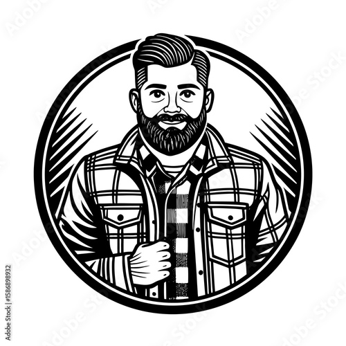 Vintage Lumberjack Illustration with Beard and Plaid Shirt in Retro Monochrome Style.