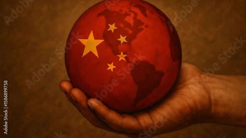 Hand holding sphere displaying Chinese flag symbolizing China's growing global influence and geopolitical power in world affairs. Drawing animation