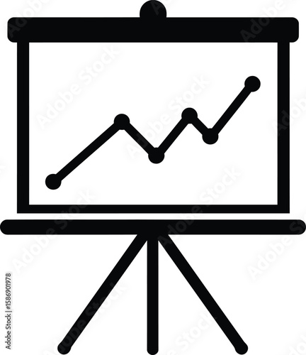 Black and white graphic of a presentation screen displaying an upward trending graph.