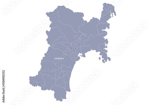 グレー色の日本地図, 宮城県の行政区分付き地図, Gray colored map of Japan, Miyagi prefecture