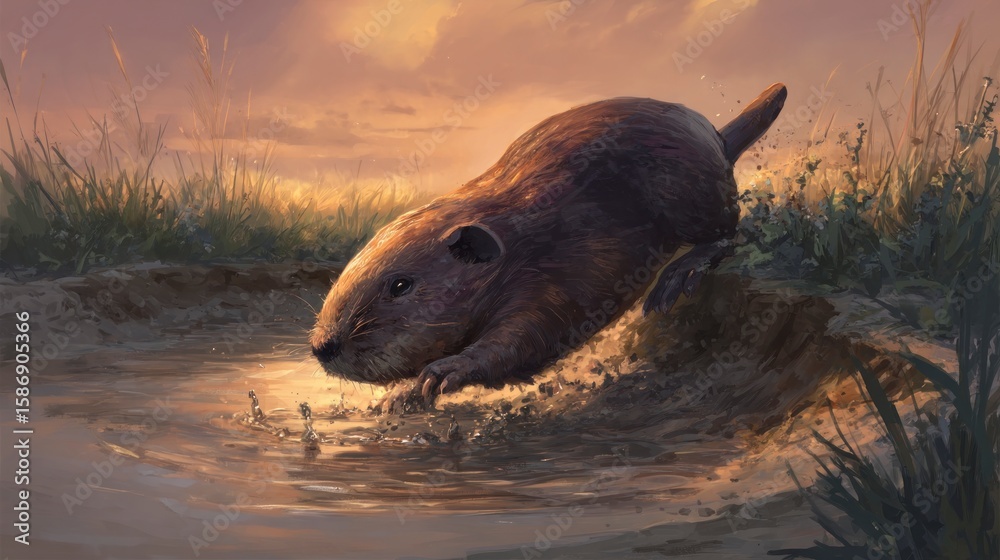 Obraz premium Groundhog emerging from pond at sunset