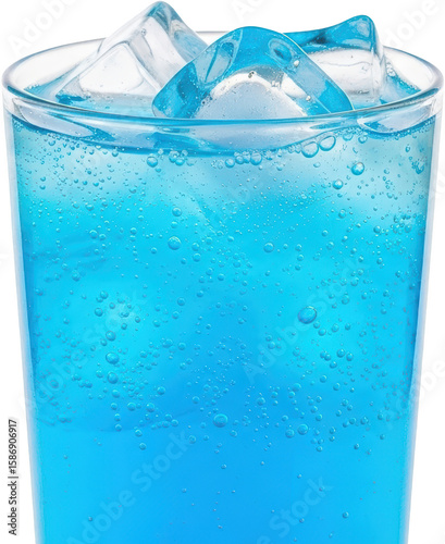 Close up of a glass filled with bright blue fizzy drink and ice cubes blue drink transparent background