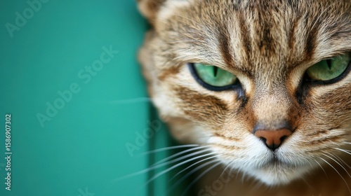 Close-up of a focused cat with striking green eyes in a bright setting