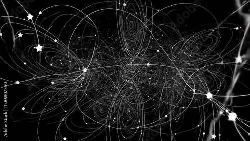 Abstract White Lines And Dots Flowing Against Black Background Featuring Star Shapes And Circular Motions