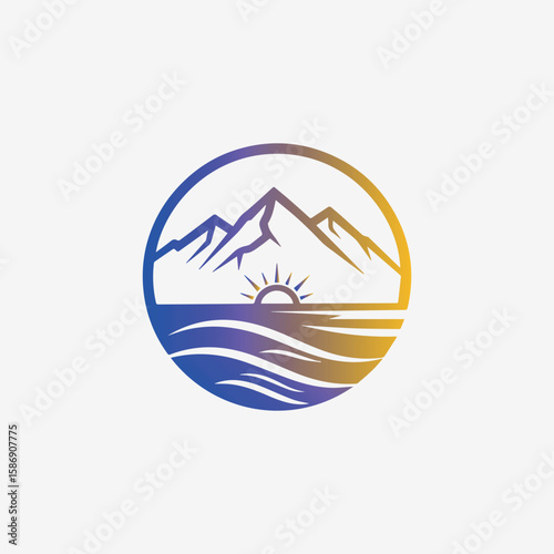  Vibrant logo of a sunrise over mountains and a tranquil lake or sea, framed in a circle. Ideal for outdoor, travel, or wellness brands.