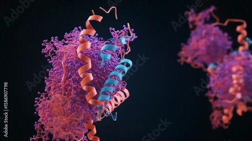 Animated Abstract 3D Render Of Molecular Structure With Red And Blue Elements On Black Background