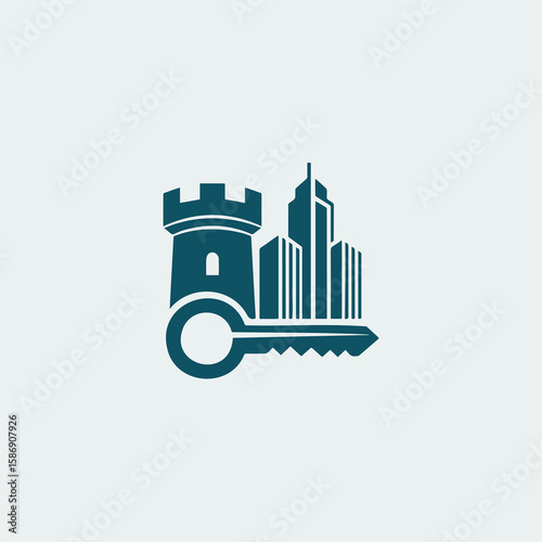 A striking and modern logo design featuring a castle tower seamlessly integrated with city skyline buildings, forming the shape of a key. This versatile emblem represents strength, security.
