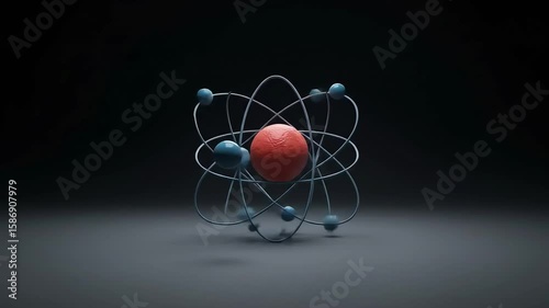 Animated Atomic Structure Displaying Red Core with Blue Orbital Spheres against Dark Background