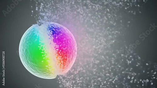 Animated Colorful Sphere with Water Flowing and Particle Effects against a Gray Background