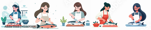vector character of woman cutting fish