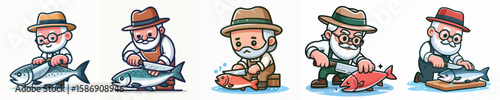 vector character of grandfather cutting fish