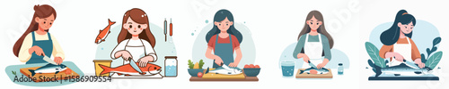 vector character of woman cutting fish