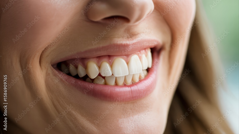 Fototapeta premium Close-up of a bright, cheerful smile showcasing perfect white teeth and healthy gums
