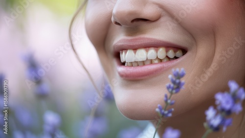 A close-up of a bright, cheerful smile with lavender flowers in the background