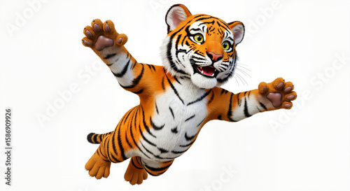 Cute cartoon tiger cub playfully jumping through the air with outstretched paws against a clean isolated white background