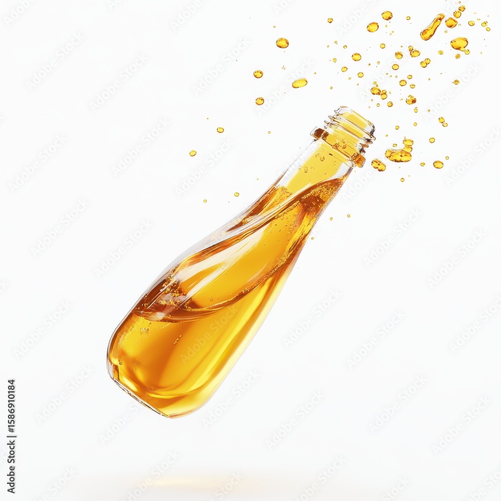 Fototapeta premium Glass bottle with golden liquid splashing out isolated on white background