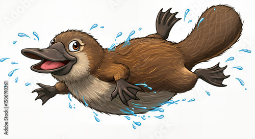 Cute cartoon platypus swimming joyfully splashing water on a clean isolated white background