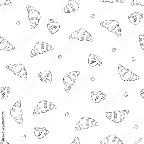 Seamless vector pattern with croissants and coffee for packaging, textile design, wallpapers, cafe menus and kitchen decor, hand-drawn, minimal, vintage style