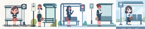 female secretary character vector waiting at bus stop