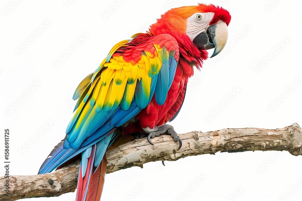 Obraz premium Vibrant tropical parrot perched on a branch, clean white background, isolated, feathers detailed, studio lighting.