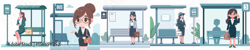 female secretary character vector waiting at bus stop