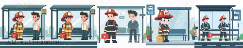 firefighter character vector waiting at bus stop