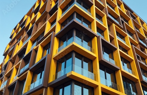 Modern residential building facade with yellow, brown ventilated panels, windows. Urban real estate structure features geometric design, clean lines, offering glimpse into contemporary architecture,