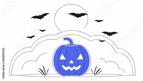 A spooky jackolantern glows under the moonlight with bats flying above